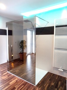 Foto einer verfliesten Dusche mit weißen Fliesen und einem waagrechtem Dekorstreifen in schwarz. Duschgestänge inkl. Kopfbrause., Duschabtrennung mit einer Glaswand, Sprossenheizkörper